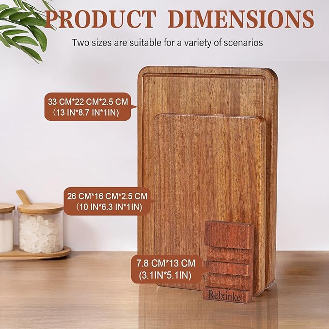 Relxinke Solid Teak Wood Cutting Board Set One Piece Non Glued Large Thick Crack Resistant Wooden Chopping Board with DeepJuice Grooves Built in Handles for Kitchen Meat Vegetable 13x8.7IN&10.2X6.3IN