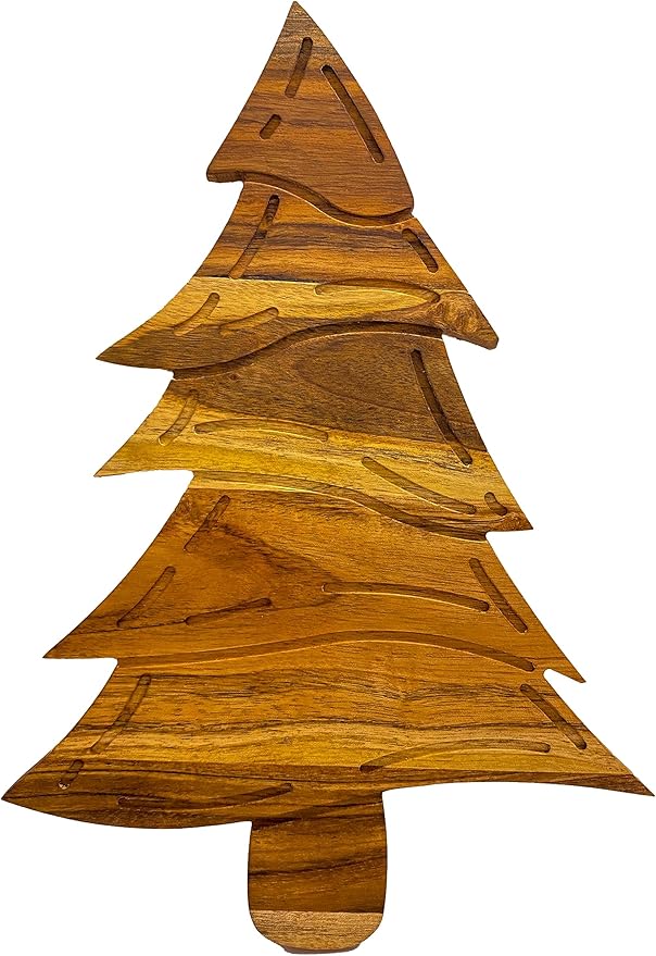 Treen Art Wood Cutting Board for Kitchen Christmas Wave Tree Shaped Wooden Cutting Board with Handle & Grooves, Decorative cutting board for Cheese and Charcuterie Serving Platter 14"L x 10"W