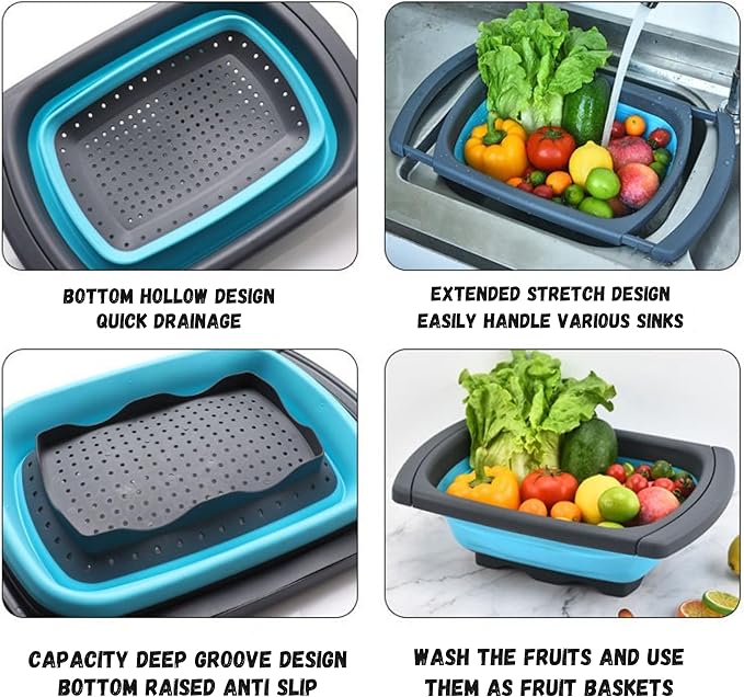 Collapsible Colander Set,Premium Food Grade Silicone Folding Strainers with Handles Space Saving Colanders for Draining Pasta,Vegetables & Fruits,Ideal for Kitchen & Travel (1pc(blue))