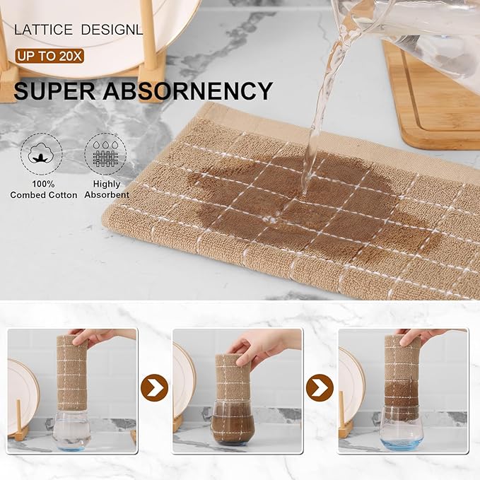 Mordimy 100% Cotton Terry Cloth Kitchen Towels, Super Soft and Absorbent Dish Towels for Drying, Checkered Designed Hand Towels for Kitchen, 16 x 26 Inches, 6 Pack, Tan