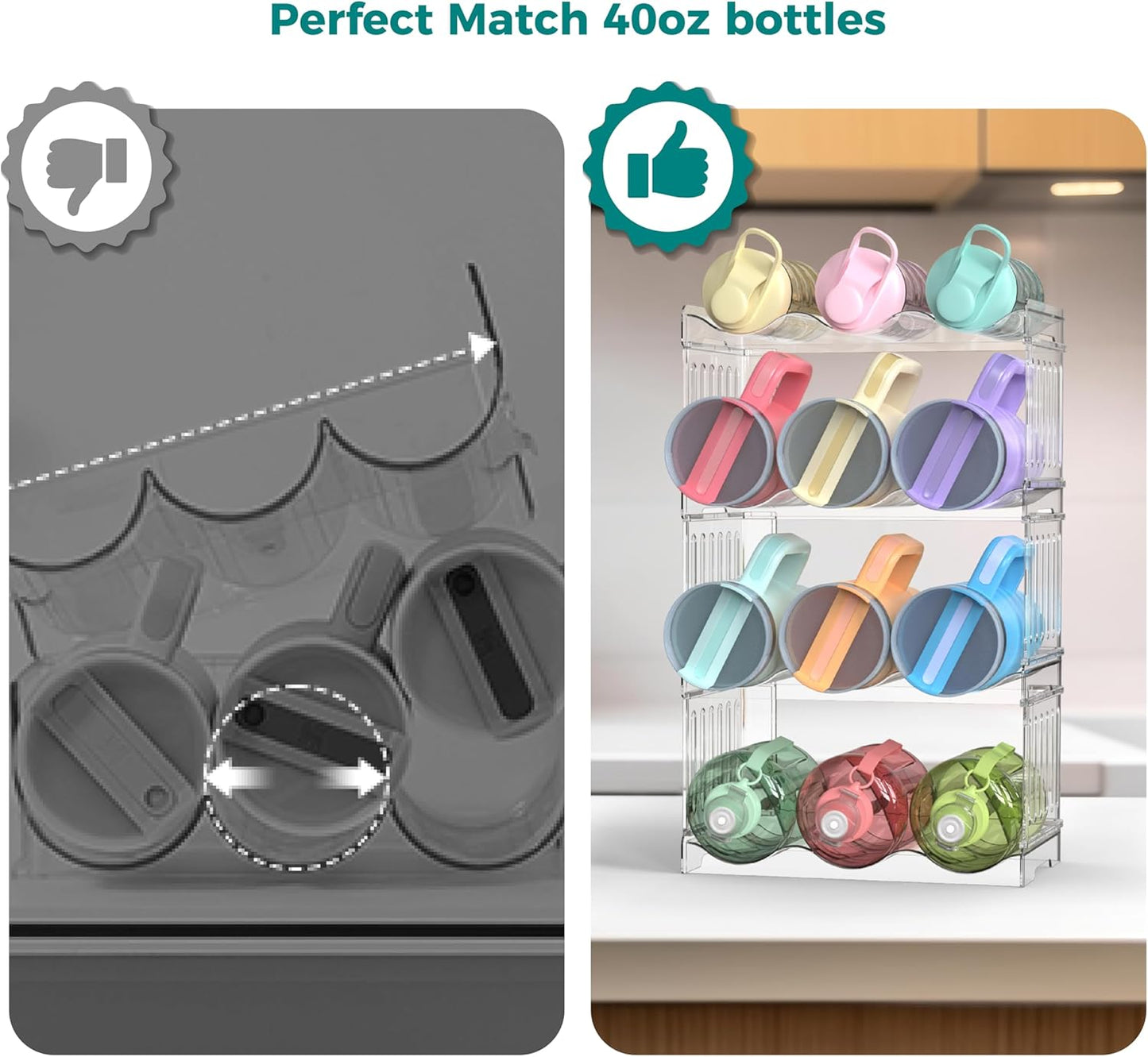 Water Bottle Organizer 4-Tier Set - Heavy Duty Stackable Holder for 40oz Stanley Tumblers & Wine Bottles, Drainable Kitchen Rack, Easy to Clean (Gift Idea)