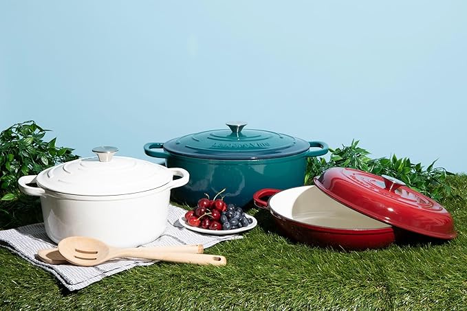 Larder & Vine 6-Piece Enameled Cast Iron Pan Cookware Sets, Includes 8 Quart and 5.7 Quart Dutch Oven with Lids, Braiser/Crock Pot with Lid (White)