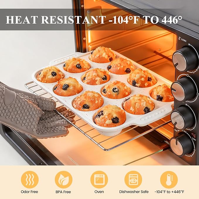 Vinino Silicone Muffin Pan for Baking with Metal Reinforced Frame, 12 Cups Regular Size Silicone Cupcake Pan with Non-Slip Handle, Nonstick Muffin Tray for Oven, BPA Free, Dishwasher Safe