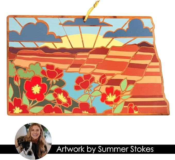 Totally Bamboo North Dakota State Shaped Cutting Board and Charcuterie Serving Platter with Artwork by Summer Stokes, Includes Hang Tie for Wall Display