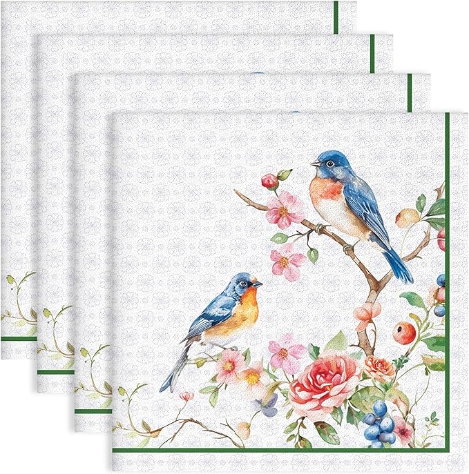 Bird Flower Branch Print Cloth Napkins 100% Cotton, 18" X 18" Dinner Napkins Cloth Set, Washable Napkins for Home, Kitchen, Dinner, Party, Wedding, Cocktail, Set of 4