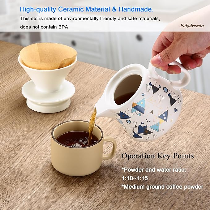 Polydremio Pour Over Coffee Maker, Ceramic Coffee dripper with 100 pcs V60 Paper Filter, Ceramic coffee Server with Lid, 15.5oz/450 ml, Suitable for 1-2 people (White A)