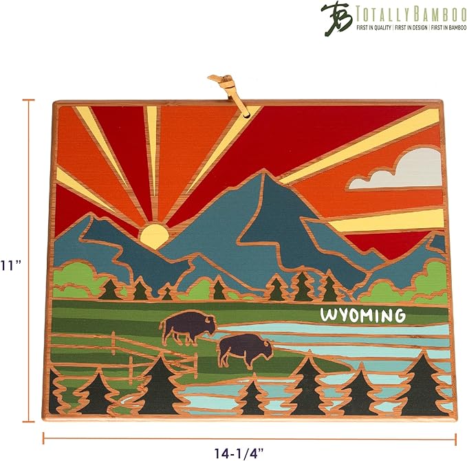 Totally Bamboo Wyoming State Shaped Cutting Board and Charcuterie Serving Platter with Artwork by Summer Stokes, Includes Hang Tie for Wall Display