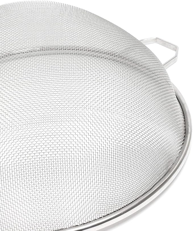 Soro Essentials- 10.25" Stainless Steel Single Fine Mesh Strainer with Wooden Handle Pan Hook- Single Tinned Fine Kitchen Food Strainer for Sift Drain Straining Liquids Stocks Sauces Soups Pasta