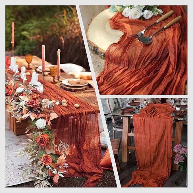 4 Pack Terracotta Cheesecloth Table Runner 10Ft, Fall Table Runner 21.5 x 120 inch, Burnt Orange Semi Sheer Cheese Cloth Fabric Thanksgiving Runner Bulk for Wedding,Party,Bridal Shower