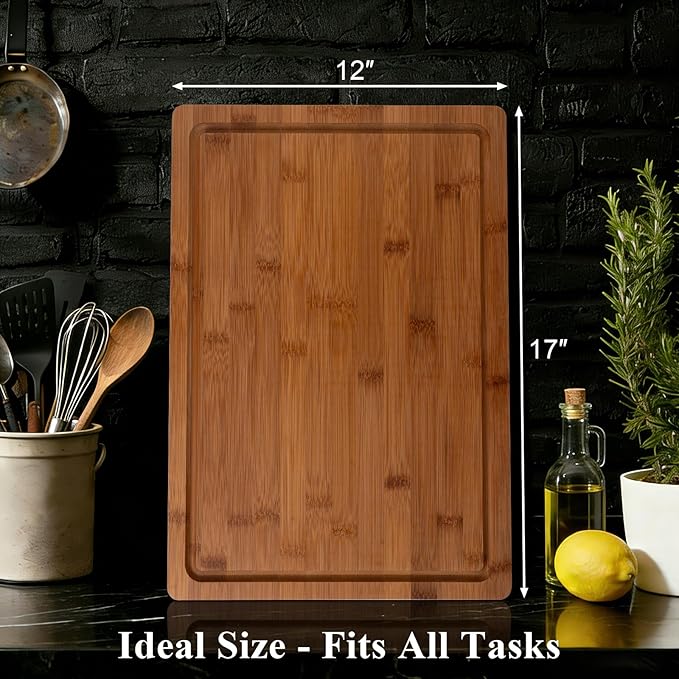 Tafopue Bamboo Cutting Board, 1" Thick Heavy Duty Wood Chopping Board for Kitchen, Built-in Deep Juice Groove and Handles, Reversible Charcuterie Board for Meat BBQ, Gift for Housewarming, 17x12''