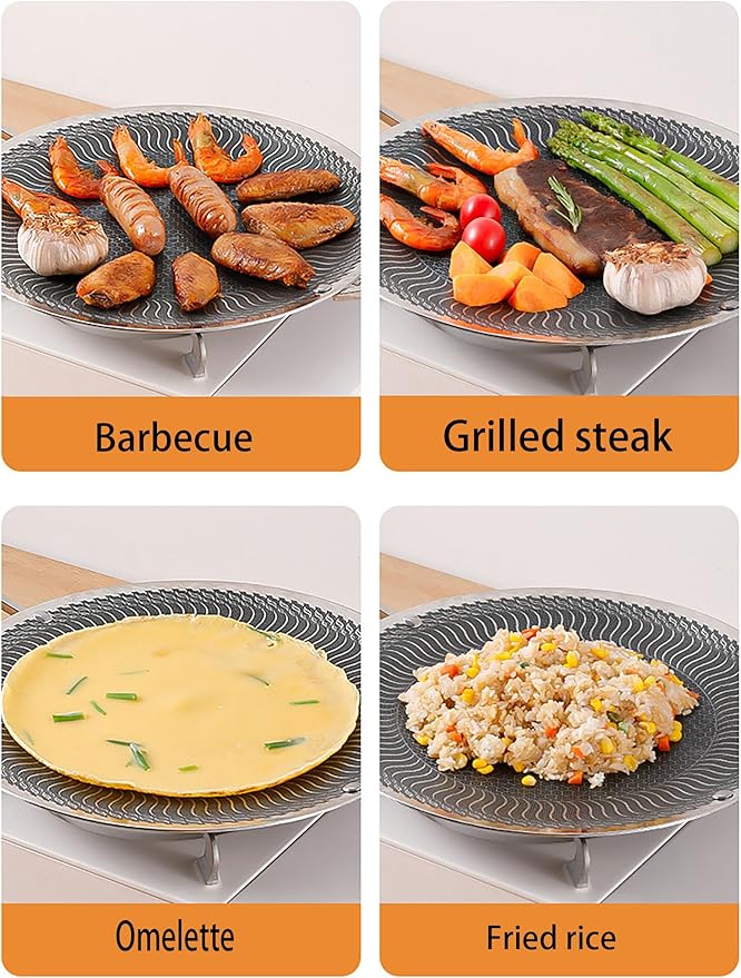 Korean Grill Pan,Nonstick Round Griddle Grill Pan for Korean BBQ Nonstick Round Griddle Grill Pan, Portable Round Cast Stainless Steel Skillet with Handle for Indoor or Outdoor Grilling,13.3 in