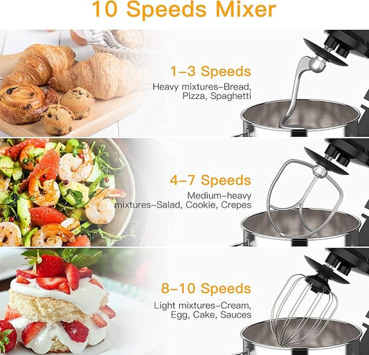 7.5 QT Stand Mixer, 10-Speed Tilt-Head Electric Dough Mixer with Stainless Steel Bowl, Includes Dough Hook, Wire Whisk, and Beater, with Splash Guard for Home Cooks, Black