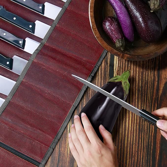 Chef Knife Roll Bag,Waxed Canvas Knife Travel Case,Heavy Duty Professional Knife Carrier Storage Holder with 10 Slots,Portable Kitchen Culinary Tool Organizer for Men,Fits up to 18.8” Knives.Burgundy
