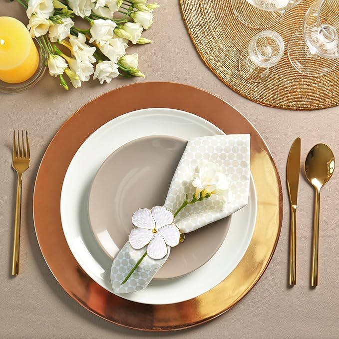 Patelai 48 Pcs White Flower Napkin Rings Bulk, Holiday Gold Cloth Napkin Rings Floral Serviette Buckles Party Table Decor for Baby Shower Fall Thanksgiving Wedding Banquet Dinner Daily Use