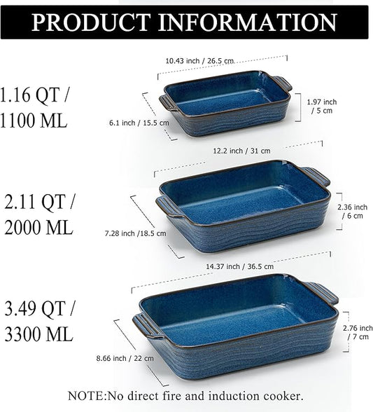 Kiln-Transformed Blue Ceramic Baking Dish Set of 3, Casserole Dishes for Oven, Square Porcelain Bakeware Set with Handles, Lasagna Baking Pan for Cooking, Perfect for Baking and Serving, Housewarming, Halloween, Thanksgiving, Christmas, New Year
