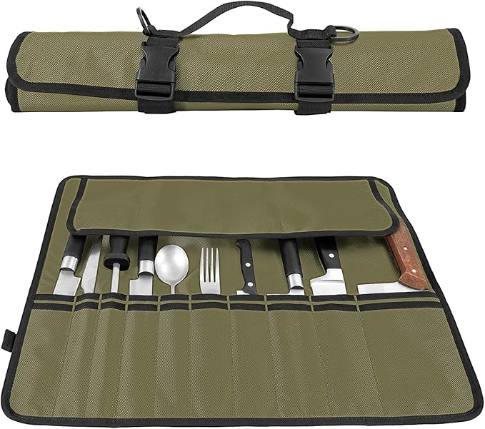 EHRGK Knife Roll,Heavy Duty Knife Bag,Oxford Knife Case with 20 Slots for Knives & Kitchen Tools,Chef Knife Bag,Knife Roll Bag, Knife Pouch Wrap for Chefs Culinary Traveling (Army Green)