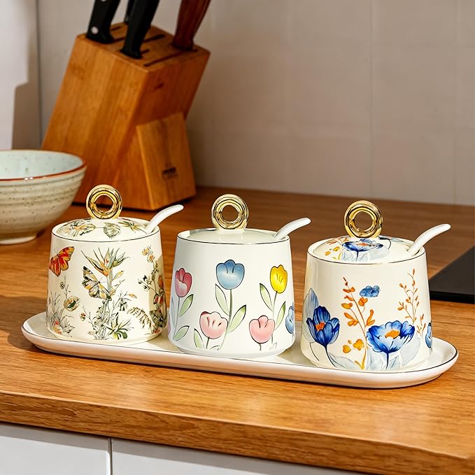 JUSONEY Ceramic Sugar Bowl with Lid and Spoon with Floral Pattern, Gold Trim - 7.5oz Elegant Sugar Jar with Lid and Spoon, Nordic Style for Kitchen, Dining, Cafe, Gift Idea (A)