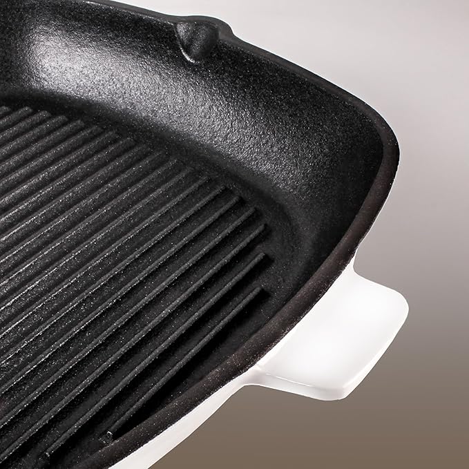 Berghoff Neo 2Pc Enameled Cast Iron Grill Set, Grill Pan 11 inches, Bacon/Steak Press 8 inches, Fast, Evenly Heat, Oven safe (White)