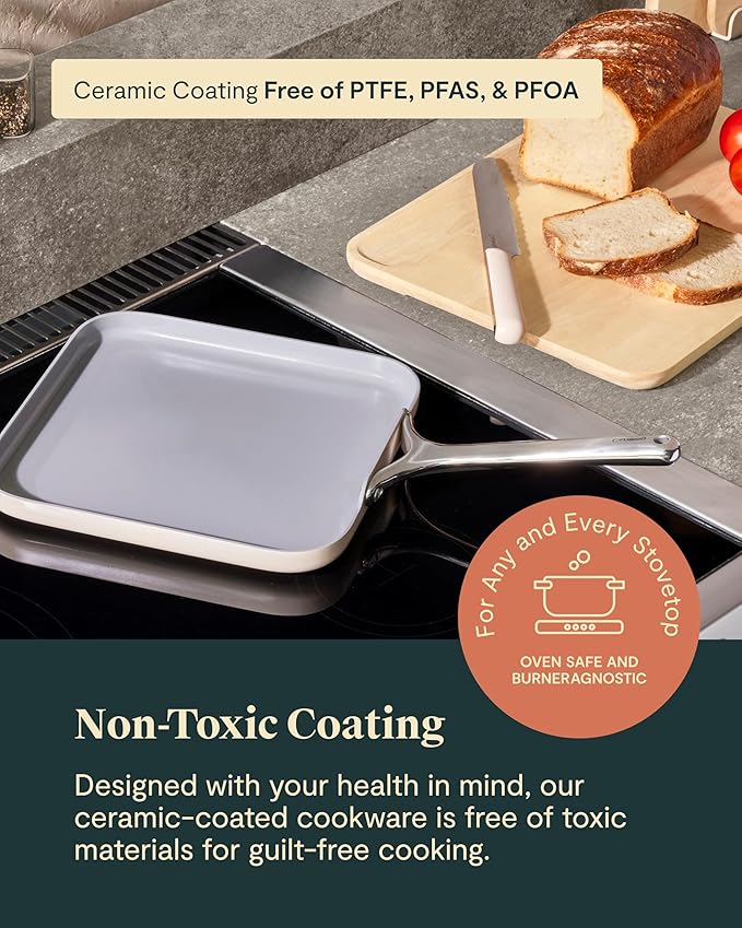 Caraway Square Griddle Pan - 11” Square Pan - Non-Stick Ceramic Coated - Non Toxic, PTFE & PFOA Free - Oven Safe & Compatible with All Stovetops - Marigold
