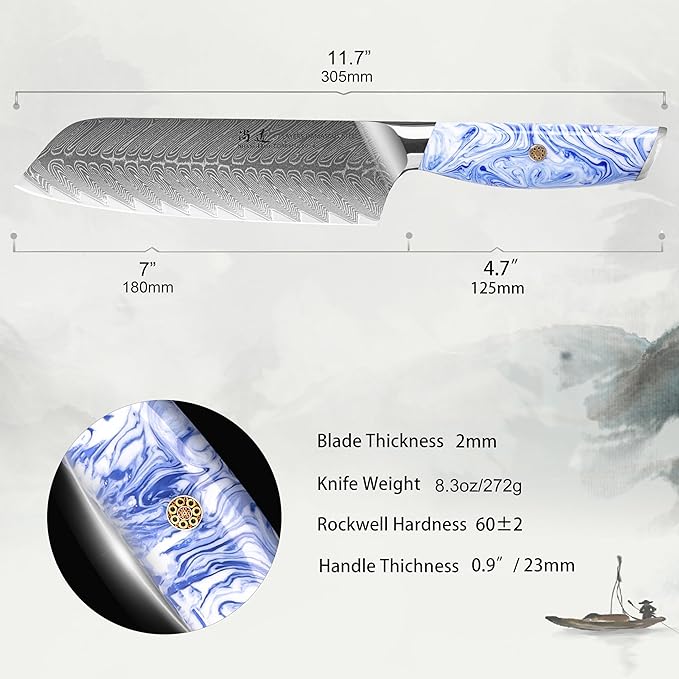 SHANGDAO Damascus Santoku Knife 7 Inch kitchen knife, Ultra Sharp with Japanese Damascus Forged Santoku Knife, Ergonomic Resin Handle, cooking gifts with gift box
