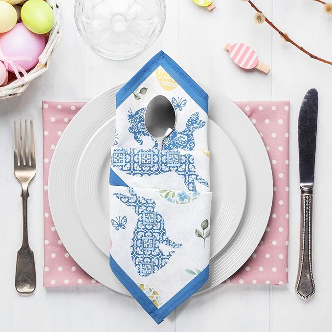 Easter Bunny Napkins, 18×18 Inch Blue Floral Egg Dinner Cloth Napkins Set of 6, Washable Cotton Soft Absorbent Square Napkins for Dining Kitchen Party Wedding Decoration