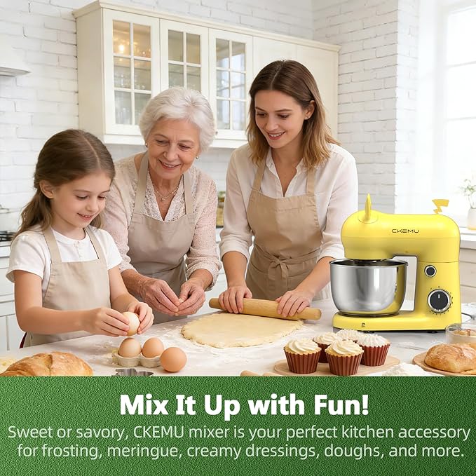 CKEMU Stand Mixer, Compact & Space-Saving, Stainless Steel Bowl, Unique & Playful Design, Effcient Motor, Dishwasher-Safe Attachments, SM-2549A (Yellow)
