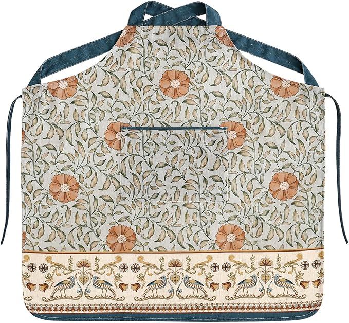patdrea Blue Floral Linen Apron with Pocket,French Kitchen Garden Chef BBQ Aprons for Women and Men,Crisscross Back Straps