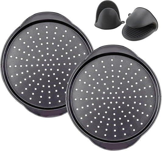 Arimagroup 2 Pack 13 Inch Pizza Pan for Oven,Round Carbon Steel Pizza Pan with Holes, Pizza Tray with 2 Silicone Gloves，for Baking, Grilling