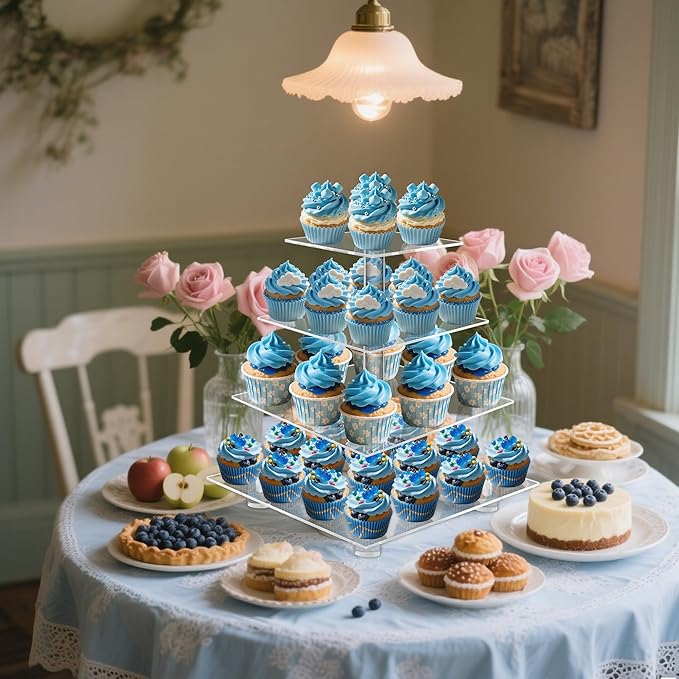 YestBuy Cupcake Stand, 4 Tier Acrylic Cupcake Tower Stand, Premium Cupcake Holder, Clear Cupcake Display for 52 Cupcakes, Display for Pastry Wedding Birthday Party