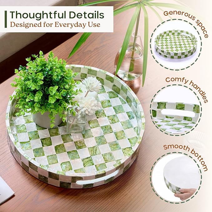 12.6" Capiz Decorative Tray with Handles, Checkered Round Serving Tray for Coffee Table, Kitchen Counter, or Bathroom (Pistachio Green)