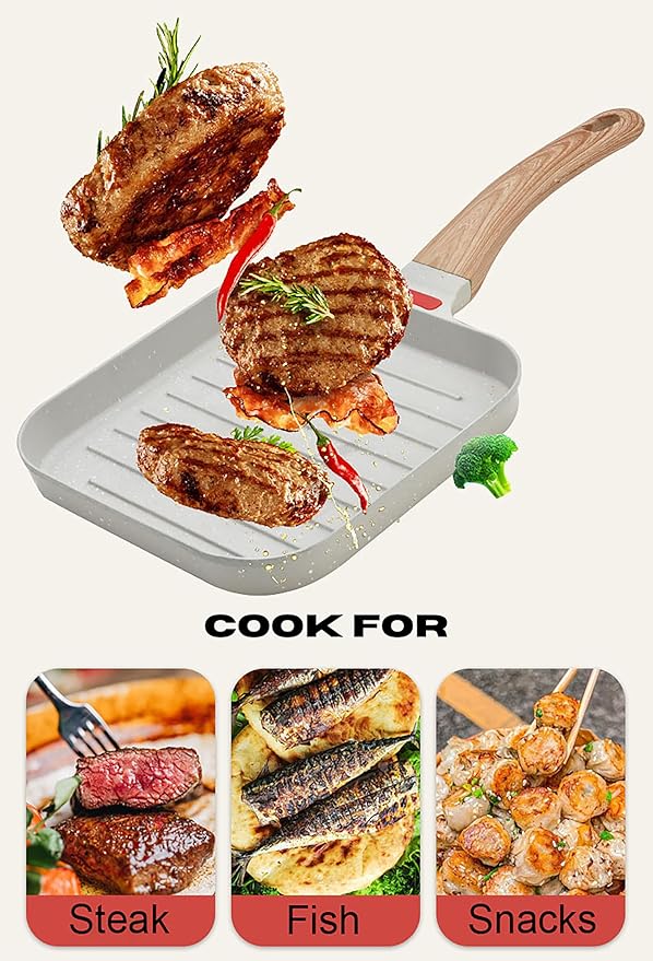 Grill Pan with Lid Non Stick Griddle Pan for Stove Top Indoor Cooking Steak Pan Square Aluminum Skillet Grilling Induction Compatible with Tong White 7.48 inches