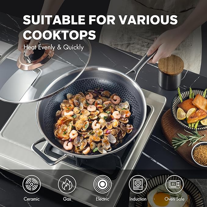 ZEROPAN Hybrid 12-Inch Wok with Lid,Nonstick Stainless Steel Woks & Stir-fry pans,Wok Pan,PFAS PFOA PTFE Free,Dishwasher-Friendly,Oven-Safe Up to 600°F,Compatible with All Cooktops