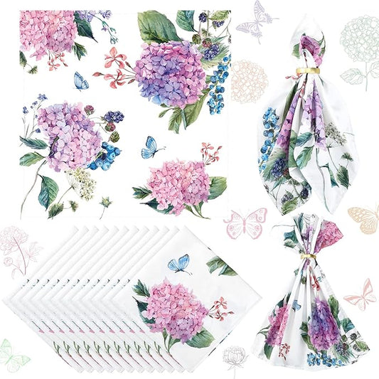 12 Pcs Hydrangea Flowers Cloth Napkins Floral Butterfly 20'' x 20'' Washable Dinner Tea Party Napkins for Kitchen Party Wedding Restaurant Indoor Outdoor Botanical Fresh Spring Summer