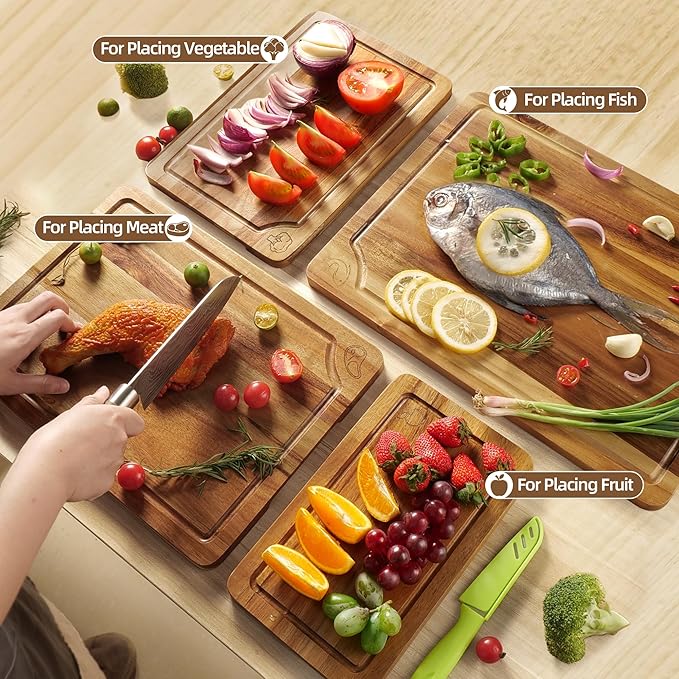 WILLKOMMEN Acacia Wood Cutting Boards Set for Kitchen, 4-Piece Chopping Board Set with Food Icon (Meat, Fish, Vegetables, Fruits) Wooden Butcher Block with Stands & Juice Groove (S,M,L,XL)