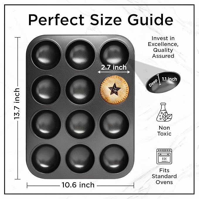 Wrenbury Mince Pie Baking Pan 12 Cup - Jam Tart Pan - Commercial Grade Premium Non Stick Carbon Steel - Food Safe Easy Clean Shallow Patty Tins for Baking Tart Tray