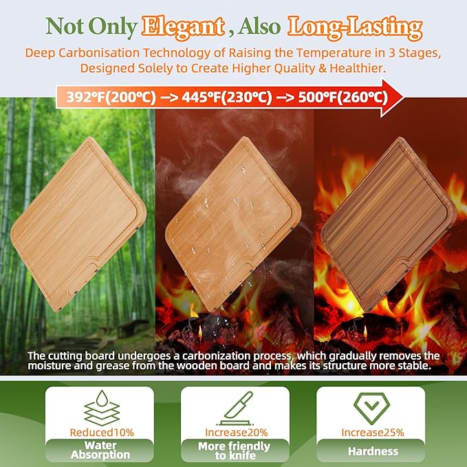 4-PCS Bamboo Cutting Board Set with Innovative Stand - Durable Double Sided Chopping Board with Juice Groove & Handle for Meal Prep, Meat, Fruit, Charcuterie Serving, Eco-Friendly Healthy Kitchen Gift
