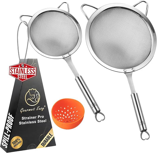 Stainless Steel Fine Mesh Strainer Set – 1 Large Flour Sifter with Sturdy Handle + 1 Small Mesh Sieve for Pasta & Rice + 1 Silicone Can Strainer – Stable, Durable, Dishwasher Safe, 5-Year Warranty