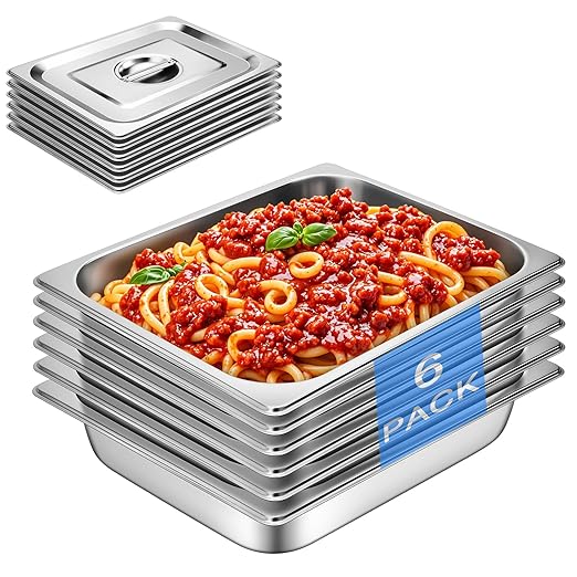 Hotel Pan With Lids 1/2 Size 2-1/2 Inch Deep Stainless Steel Chafing Dishes for Buffet, Steam Table Pan, Metal Commercial Food Pans for Food Prep/Serving (6 Pack, Half Size 1/2 x 2-1/2" Deep)