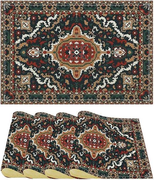 Boho Tribal Ethnic Placemats Set of 4 Rustic Farmhouse Retro Red Floral Art Printed Dining Table Mats for Restaurant Home Kitchen Holiday Picnic Party Decor 12x18in