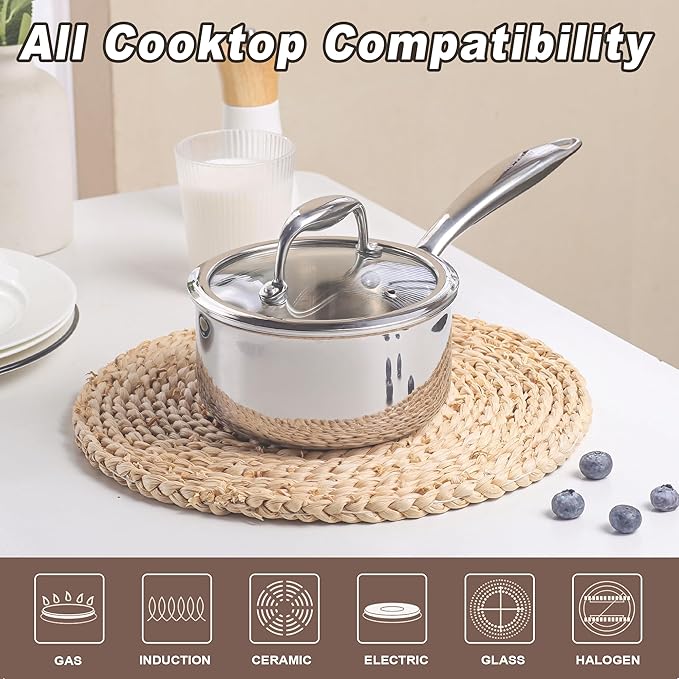 KC-Emier 1-Quart Saucepan with Lid, Tri-Ply Stainless Steel Pot with Stay-Cool Handle & All Cooktop Compatibility (Gas, Ceramic, Electric) - Silver