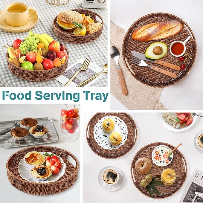 Coffee Table Tray 2 Pack Rattan Woven Basket Multifunctional Round Rattan Serving Tray with Handles, Decorative Trays for Home Decor, Kitchen Counter, Living Room