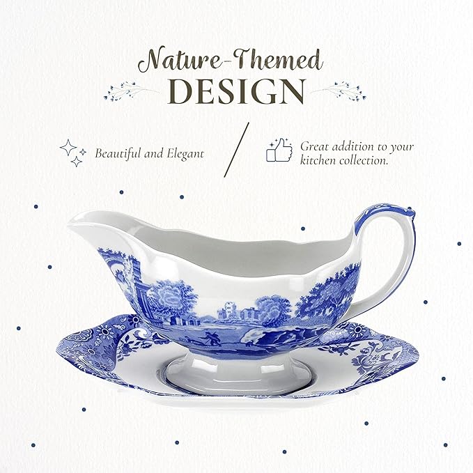 Spode Blue Italian 9 Oz Gravy Boat and Saucer, Earthenware Sauce Boat with Large Handle, Classic Countryside Design, Perfect for Gravy, Sauces, Salad Dressings, Dishwasher & Microwave Safe