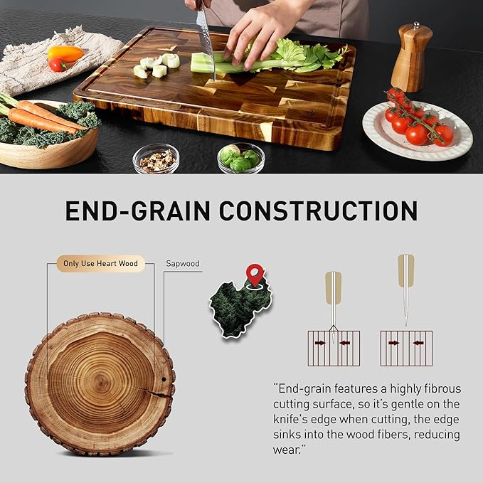 End Grain Cutting Board Set of 2 with Non-slip Feet, Reversible Acacia Wood Cutting Boards for Kitchen with Juice Grooves and Handles Non Toxic Chopping Board Butcher Block Serving Tray Kitchen Gift