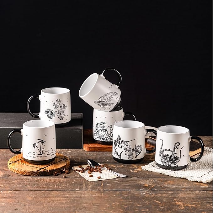 AmorArc Large Coffee Mugs Set of 6, 18oz Ceramic Coffee Cups with Sea Life Textured Patterns for Tea Latte Cocoa. Easy to Hold&Clean, Dishwasher&Microwave Safe, Matte