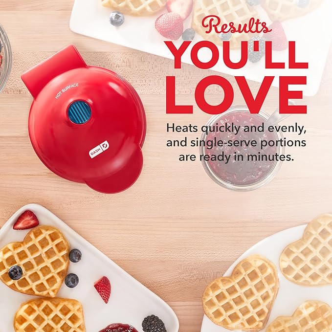 Dash Mini Waffle Maker- Mini Machine for Creative Homemade Treats - Nonstick Iron with Unique Print Design - Stylish Waffle Machine - Red Heart