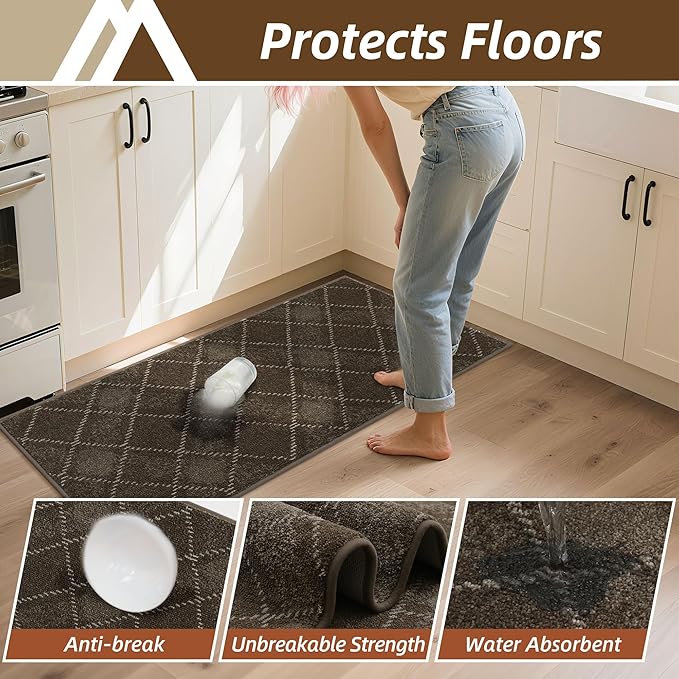 COSY HOMEER Kitchen Rugs and Mats Sets 2PCS Non-Slip Soft Kitchen Mats for Floor Absorbent and Stain Resistant Kitchen Floor Mat Washable Plaid Rugs for Kitchen,24"x36"+24"x60",Brown