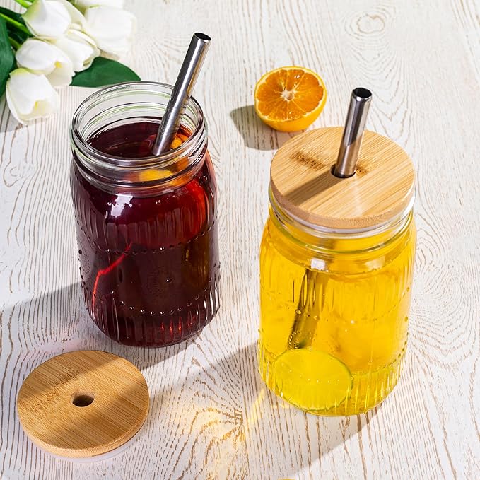 Amzcku 32oz vintage Mason Jars with Bamboo Lids and Stainless Steel Straws -Wide Mouth Quart Canning Jar, Reusable 32oz Boba & Smoothie Cups (2-Pack)
