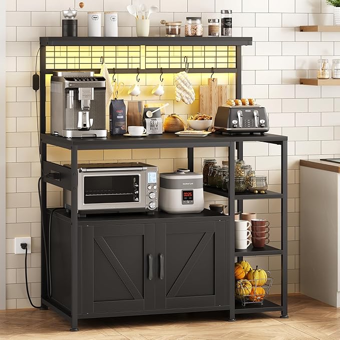 TVU Bakers Rack with Power Outlet and LED Light, Microwave Stand with Storage Cabinet, Coffee Bar Cabinet Station with 6 Hooks for Kitchen, Dining Room, Living Room, Coffee Bar, Black