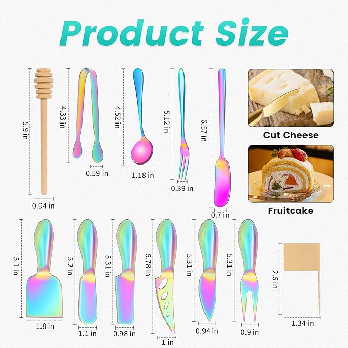 Cheese Spreader Knive Set Colorful, Stainless Steel Butter knives Kit For Cheese Charcuterie Board Accessories, Mini Cheese Knife Slicer With Tongs, Spoons, Forks,Wooden Honey Dipper