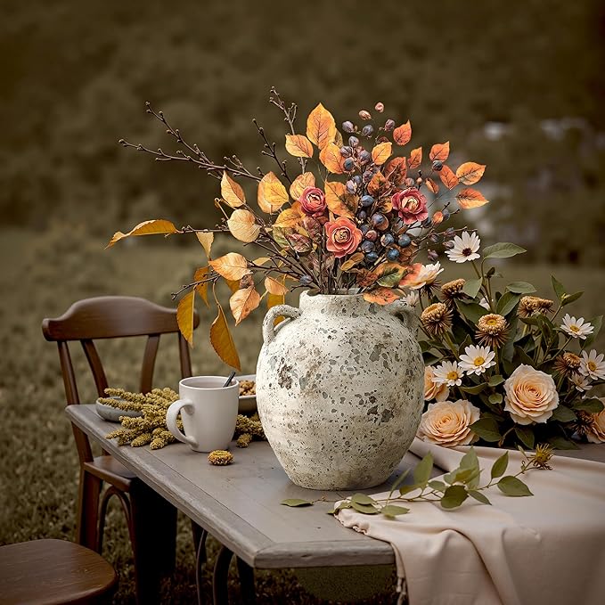 LuxenHome Rustic Antiqued Ceramic Vase, 12'' Tall Round Bouquet Terracotta Vase, Farmhouse Vase for Shelf Dining Table Decor, Vintage Boho Pottery for Living Room Decor, Home Décor Accents